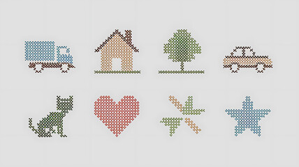 Cross-stitch icons of a truck house tree car cat heart plant and star