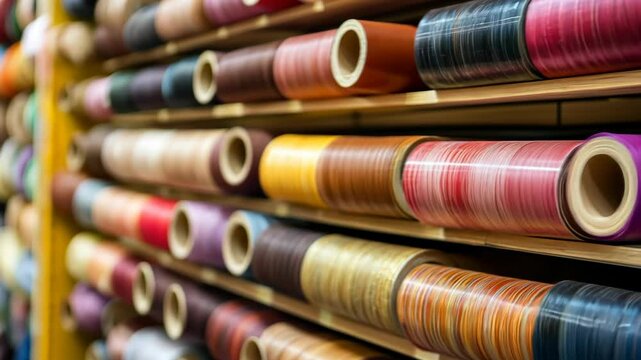 Colorful rolls of ribbon displayed on shelves in a craft store during daylight hours