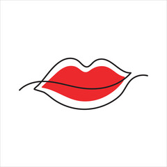 Single Line Drawing of Lips with Red Fill on White Background