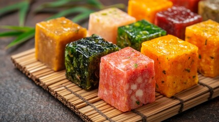 Brightly Colored Yokan Samples Displayed on Bamboo Mat
