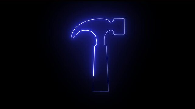 glowing neon Hammer icon animation on black background. 4k animation.