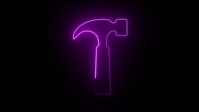 glowing neon Hammer icon animation on black background. 4k animation.