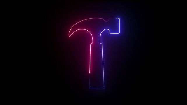 glowing neon Hammer icon animation on black background. 4k animation.