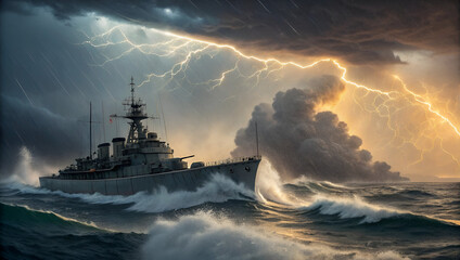 A powerful warship braves a violent storm at sea, its silhouette cutting through the raging waves. 