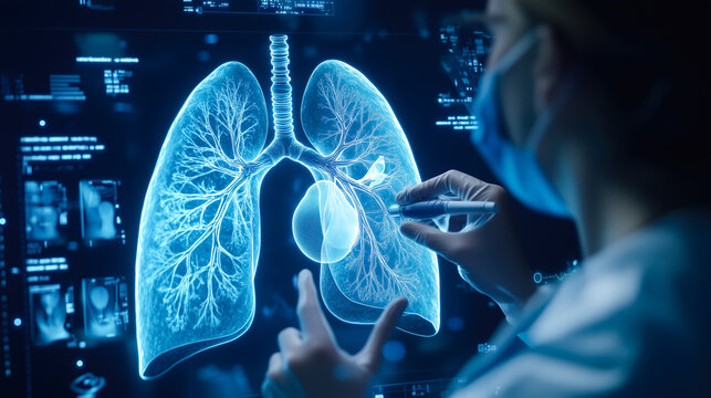 A doctor carefully examines a virtual lung x-ray projection with focused attention. The integration of advanced technology in medical diagnostics. Generative AI.