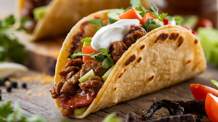 Close-up of a delicious-looking taco with seasoned meat toppings and a creamy sauce