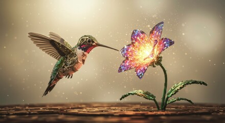 Mechanical Hummingbird Approaching Luminous Flower Steampunk Bird Fantasy Nature Scene
