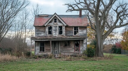 Decaying haunted house with a rotting wooden facade, shattered glass, and a skeletal tree casting menacing shadows across the yard.  