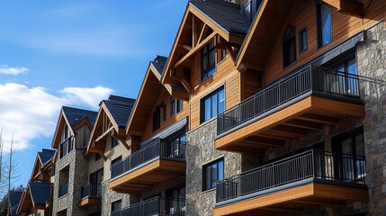 Obraz premium Detail of a luxury apartment flat bold facade with a mix of wood and stone elements clean lines and open balconies under a bright blue sky. 