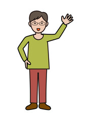 元気に挨拶をするインテリ風の若い男性の全身イラスト