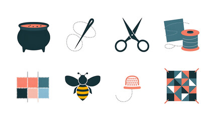 Cute flat colorful sewing quilting icons
