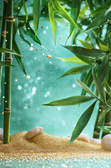 Obraz premium Bamboo leaves gracefully hanging over a serene water surface, sparkling light bokeh adds a dreamy, tranquil atmosphere to the soft green and blue background.