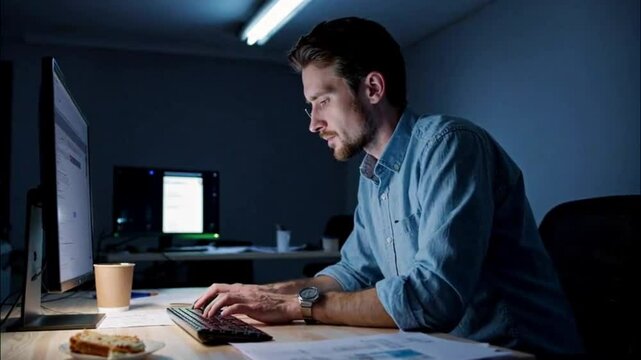 A young professional working thru the night in the office; one light source from the computer screen with surrounding is in the dark; late night working in the office alone; IT professional; hardwork