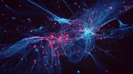 Abstract digital particles, swirling patterns, vibrant colors, potential use in technology or science