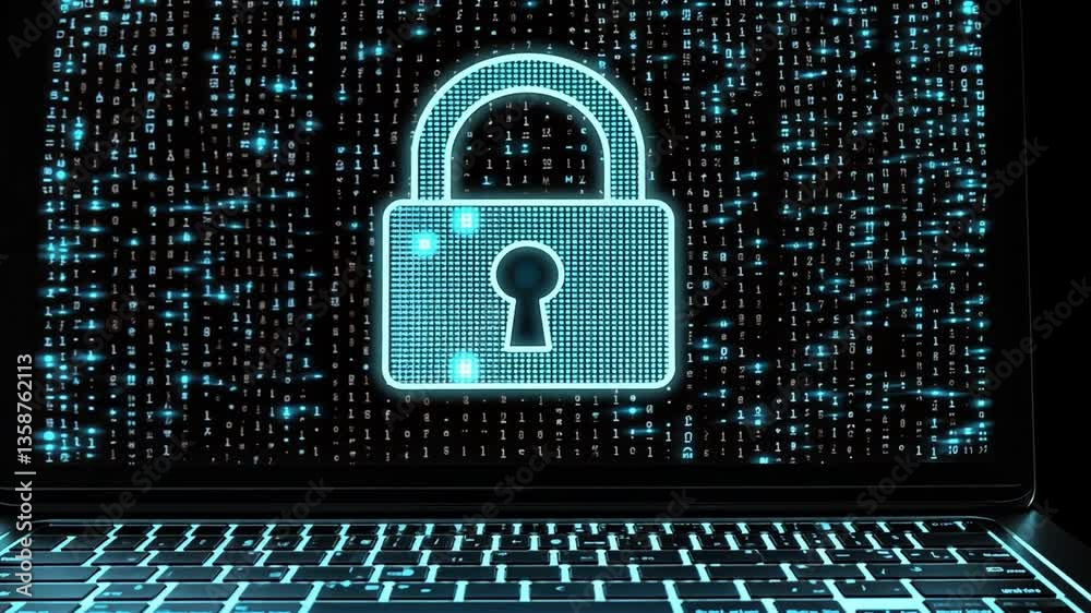 Poster futuristic laptop displaying digital lock icon surrounded by glowing binary code representing cyber 