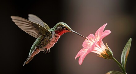 Obraz premium Mechanical Hummingbird in Flight Approaching Pink Flower Steampunk Bird Nature Art