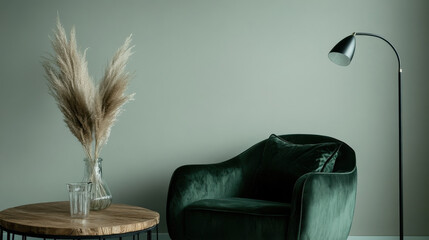 A modern lounge setting featuring a stylish velvet armchair in deep emerald green, paired with a sleek black metal floor lamp and a round wooden coffee table with a glass vase of dried pampas grass