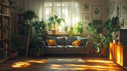 Elegant Scandinavian apartment space featuring a grey sofa lush plants bamboo bookstand and wooden parquet illuminated by warm sunlight. 