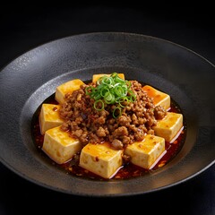 A gourmet plate of Sichuan-style mapo tofu with vibrant red chili oil, minced pork, and soft tofu, garnished with green onions