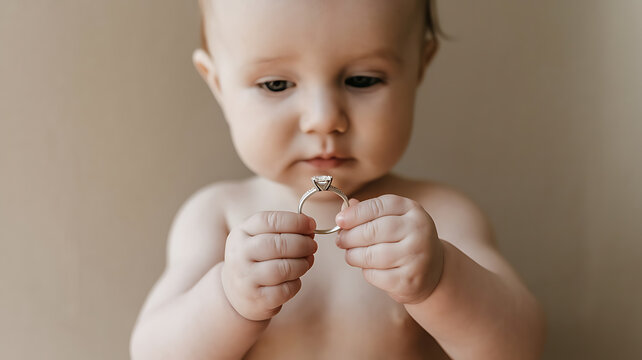 Baby holds a diamond ring Precious moment tender touch Cute adorable