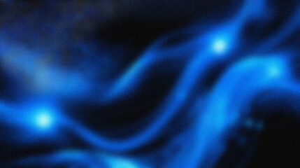 Abstract blurry blue waves with bright spots on dark background . Abstract background with grain noise texture