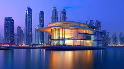 Naklejka premium Exclusive apartment building in Dubai with curved glass architecture reflecting the city lights spacious terraces and luxurious amenities. 