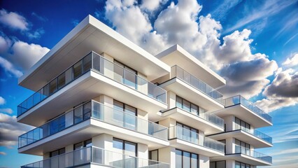 Obraz premium Modern architectural design featuring a pristine white multi-level building with expansive balconies and sleek glass railings, set against a vibrant blue sky dotted with fluffy white clouds.
