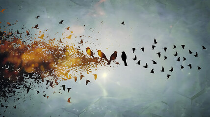 Flock of birds in flight abstract textured background