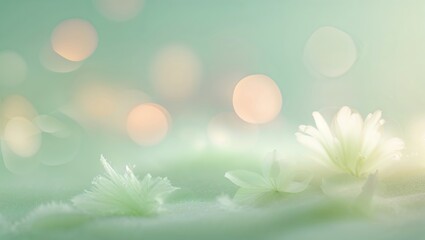 Obraz premium Soft white flowers bloom gently on a light green background with soft bokeh lights during the early morning hours