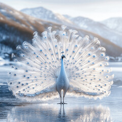 rare albino peacock with diamond-dusted feathers standing on a frozen fjord,