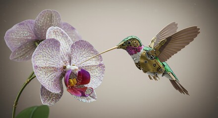 Mechanical Hummingbird Approaching Glittery Orchid Flower Steampunk Bird Nature Fantasy Art
