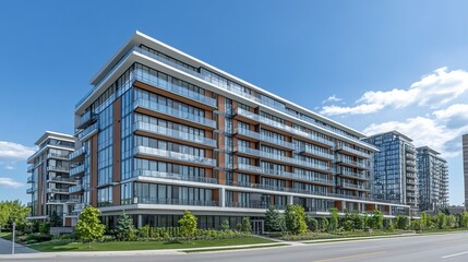 Fragment of a luxury condo complex featuring large windows geometric balconies and a smooth white facade under clear blue skies.  
