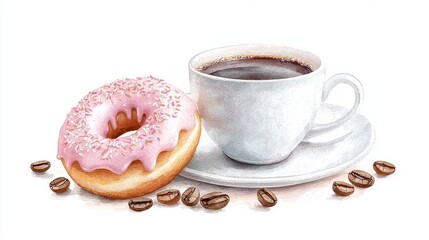 Pink Glazed Donut and Coffee Watercolor Painting