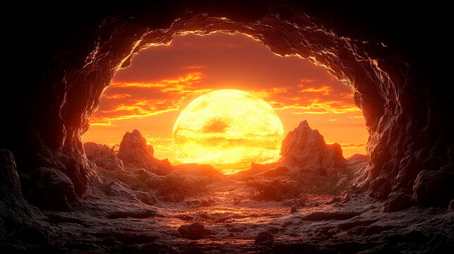 Realistic cave at dusk with radiant sunset colors, light playing on rocky surfaces. The vast empty space with a blank caption area symbolizes infinite potential and chaotic possibilities.

