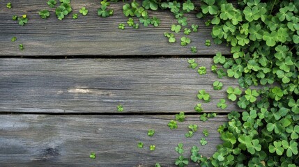 Natural wooden background with bright clovers scattered, simple festive decor