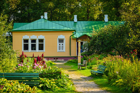 Sunny day in Chekhov Estate courtyard, Moscow region of Russia