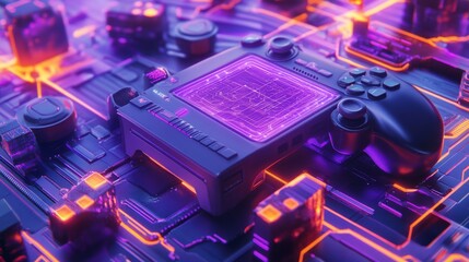 dystopian digital landscape featuring a next-generation game console connected to a massive blockchain network, luminous neon purple and electric orange data streams creating complex geometric