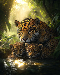 Obraz premium A majestic jaguar with cubs, basking in the golden sunlight of an enchanted rainforest river. 