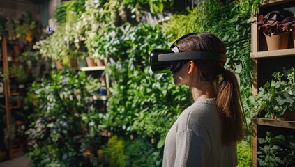 Young Woman Using VR Headset in Lush Indoor Garden