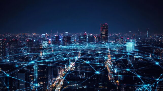 City at Night Connected by Lines, Digital Network, Urban Landscape, Aerial View, Stock Photo, Stock Image, Cityscape at Night, Future Technology