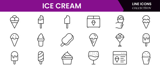 Ice cream icons frozen creamy desserts, gelato ice cream, wafer cone, caramel eskimo or chocolate glaze sundae whipped cream and fruit ice, fresh vanilla scoops