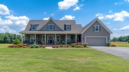 Grey home with a traditional design covered porch accented by colorful flowers spacious garage and a vibrant green lawn under a clear blue sky.  