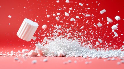 White Cylinder Disintegrating Against Red Background Creating a Dynamic Visual Effect