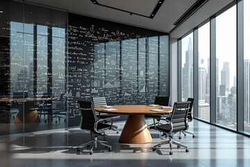 Stylish office interior with round wooden table and chairs, glass wall with math equations, and cityscape background. Concept of innovation and analysis. Ai generative