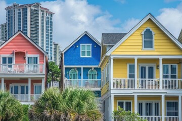 Brightly colored houses stand near the beach with a city skyline in background. Perfect for travel blogs or real estate promotions with a vibrant feel.