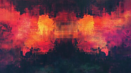 Futuristic abstract background with dense pixelated interference, erratic flickering glitch effects, heavily distorted vintage screen grain, dark ominous color tones, digital dystopian aesthetic