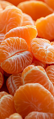 A pile of orange mandarin slices, close-up, orange background, texture, bright colors, high-resolution photography, 