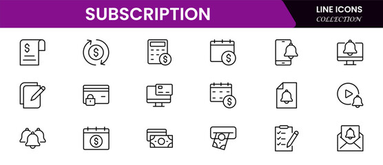 Subscription business icons such as service level agreement, churn, activation, billing, usage-based price, best customer experience, perks, and account vector thin line icons.