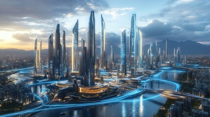 Fototapeta premium Futuristic city skyline, aerial view, modern architecture, vibrant cityscape, tranquil waterway, advanced transportation, Possible use Stock photo