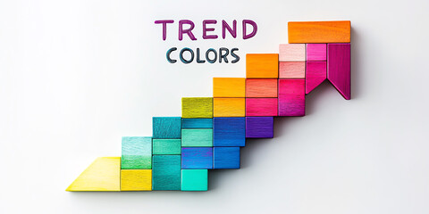 Obraz premium Colorful blocks arranged in the shape of an upward-pointing arrow, with TREND COLORS written above them on a white background